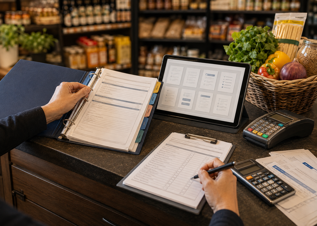 Printed guides and resources about SNAP compliance on a desk