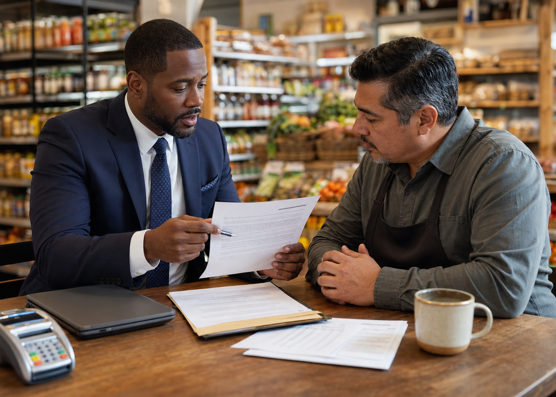 Attorney reviewing SNAP violation documents with a retailer